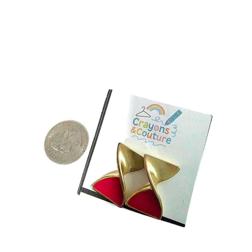 Vintage Avon Red Bow Earrings Enamel Twist Pierced Gold tone Casual Retro Studs